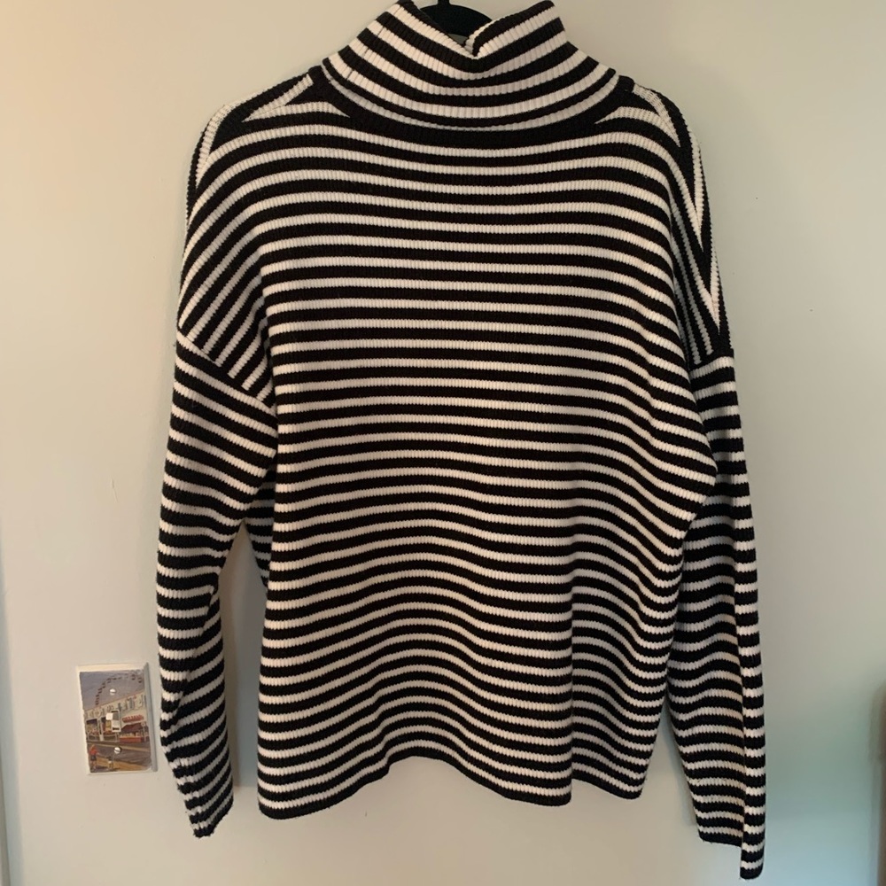 French Connection Black and White Striped Turtle Neck Sweater, Size Medium